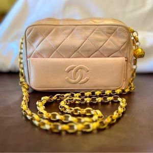 CHANEL Small Pink / Cream Lambskin Camera Bag Gold Hardware Bijoux Chain